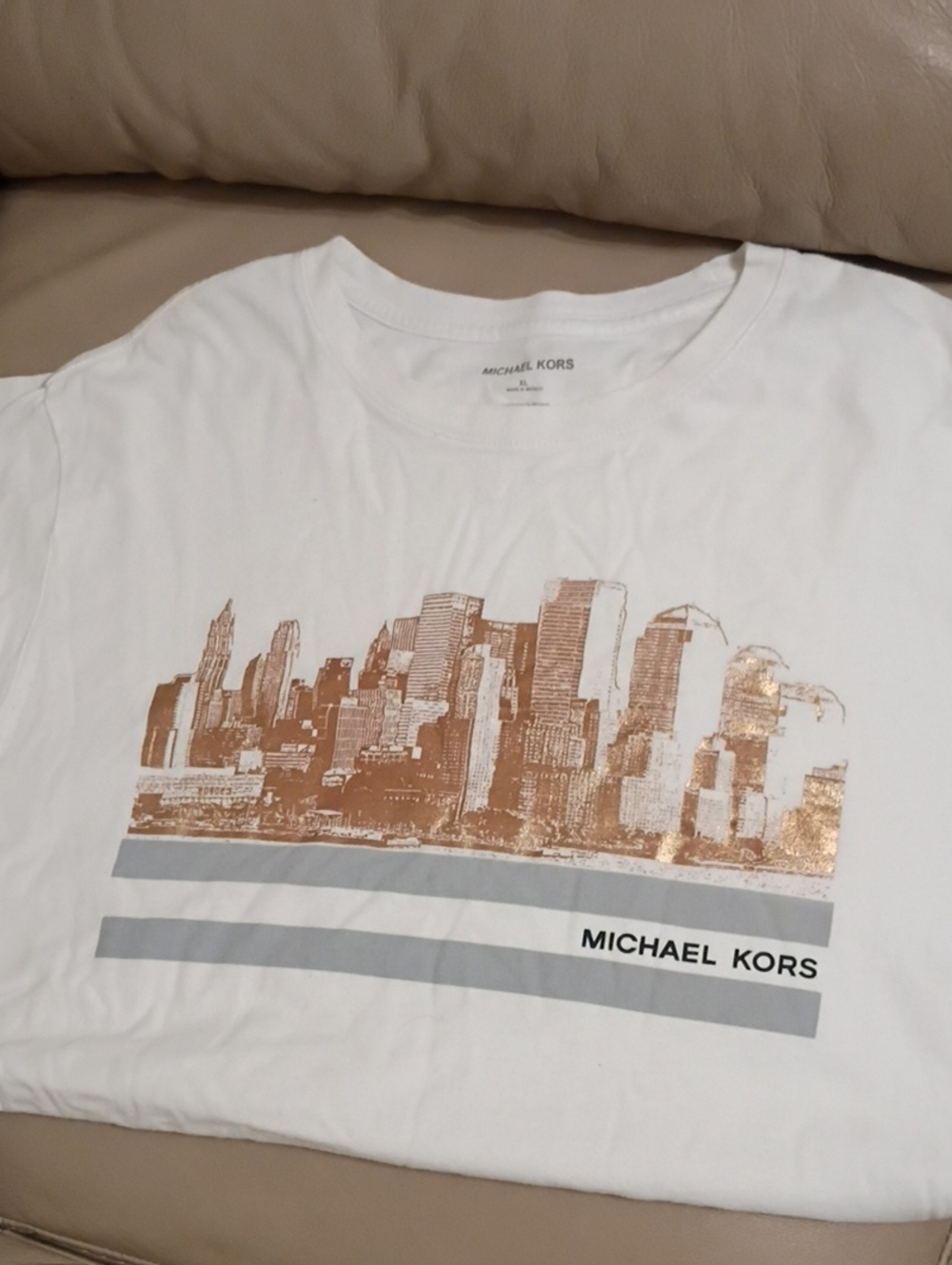 Michael Kors White Short-Sleeve Tee with Copper Cityscape Print